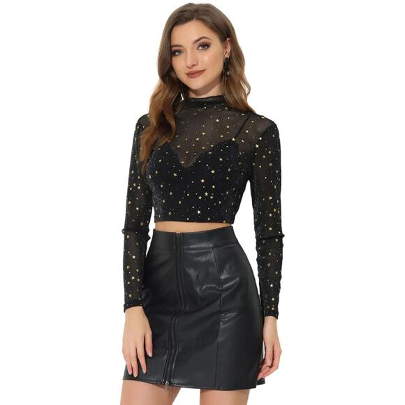 Black Mesh Crop Top Sz M Gold Stars Mock Neck Long-Sleeve Blouse Stretch - Picture 1 of 10